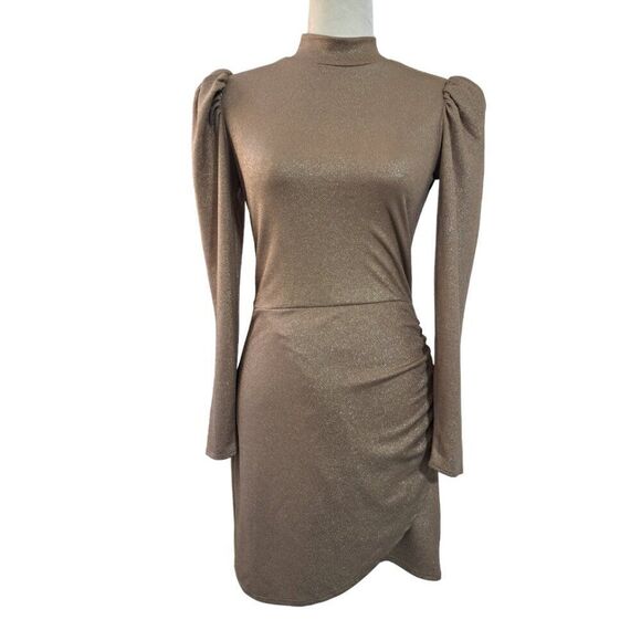 Reformation Lexi Mini Women's Small Long Puff Sleeve Mock Neck Ruched Tan Gold - Picture 3 of 8